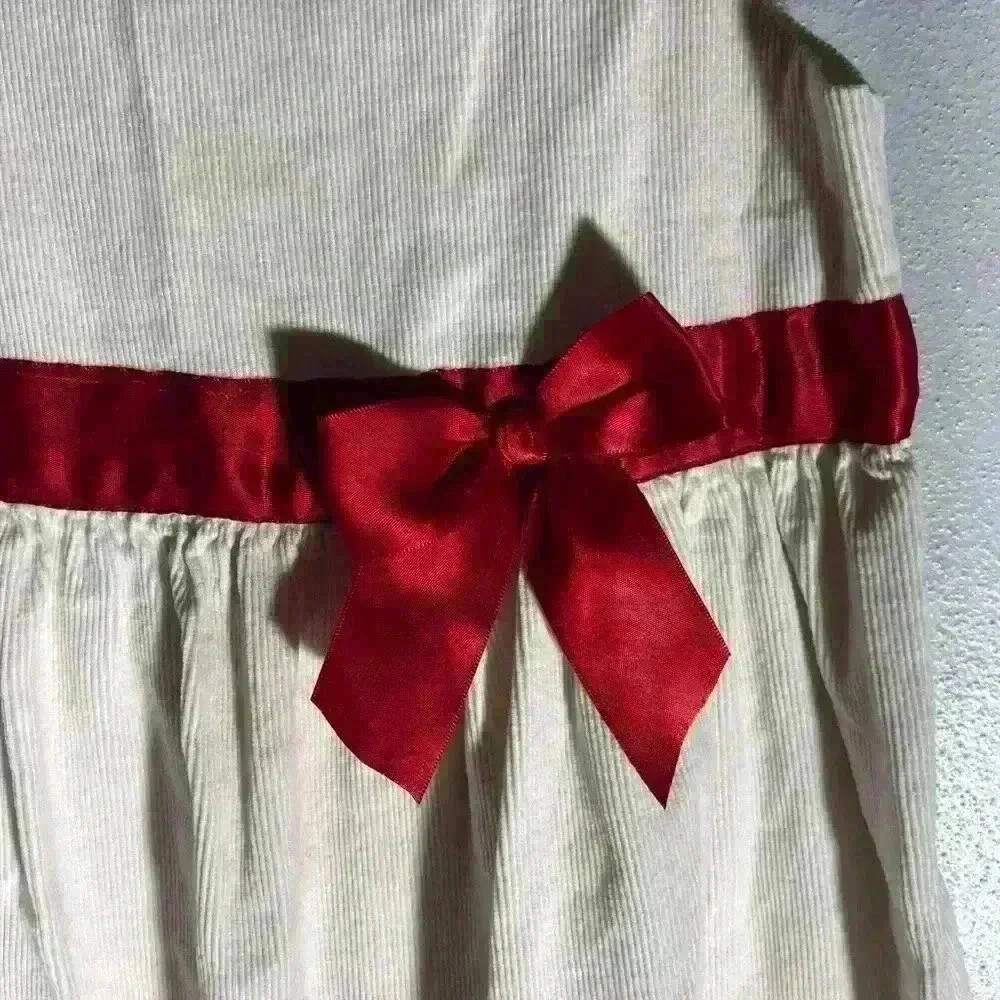 Hanna Andersson size 8 Jumper Dress White Corduroy Red Bow Dutch Amish 130